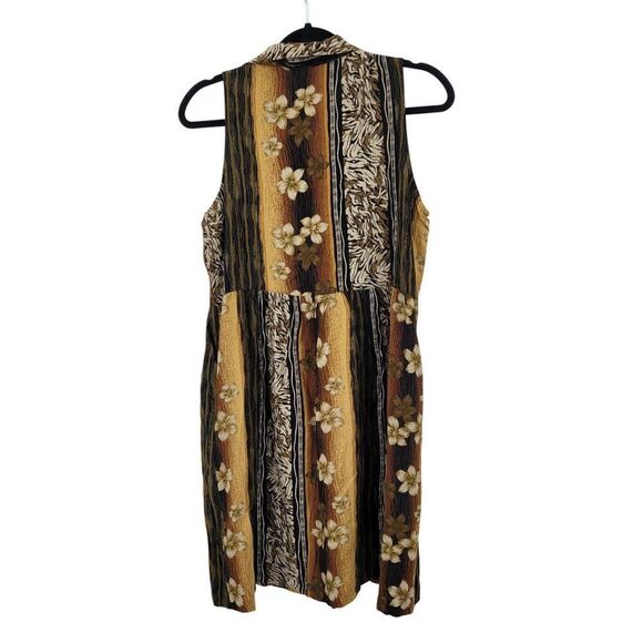 Vtg 80s Tropical Floral Button Front Dress Sz M Sleeveless Rayon Brown Pockets - Picture 9 of 12